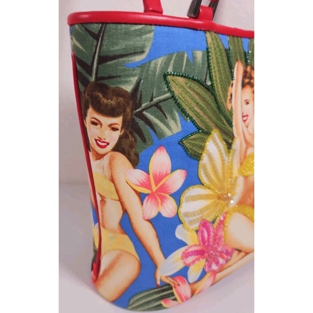 ISABELLA FIORE RARE Vintage Hawaiian Pin up Girls Bag Tote Floral Gorgeous!!
